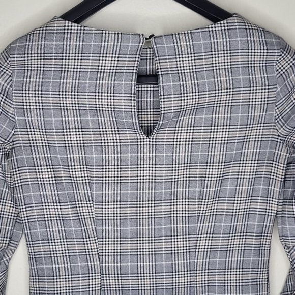 H&M Plaid Houndstooth Grey Dress with 3/4 Ruffle Bell Sleeve, Size 2 - Picture 6 of 9